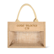 Load image into Gallery viewer, Embroidered Text Reusable Jute Burlap Tote Bag with Transparent PVC Film Window