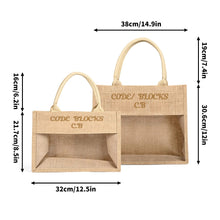 Load image into Gallery viewer, Embroidered Text Reusable Jute Burlap Tote Bag with Transparent PVC Film Window