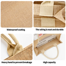 Load image into Gallery viewer, Embroidered Text Reusable Jute Burlap Tote Bag with Transparent PVC Film Window