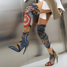 Load image into Gallery viewer, Processing time:3-7days after placing orders Plus Size Art Graffiti Over Knee Boots Pointed Toe Ultra-High Fine Heel Elastic Fabric Material Women's Long Boots Printed Boots