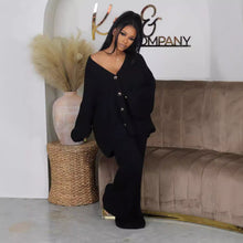 Load image into Gallery viewer, Solid color V-neck breasted cardigan wide leg pants sweater set
