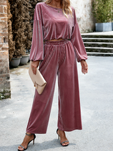 Load image into Gallery viewer, Women's Striped Velvet Long Sleeve Crop Top and Wide Leg Two-piece Set HWWX62YZAR