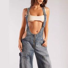 Load image into Gallery viewer, European and American zipper denim overalls women's autumn style loose casual pocket wide leg pants for women