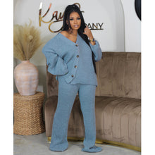 Load image into Gallery viewer, Solid color V-neck breasted cardigan wide leg pants sweater set