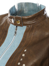 Load image into Gallery viewer, Loose Fit Leather Color-block Denim Blue Jacket New Stand Collar Long Sleeve Women Coat Fashion Spring Autumn