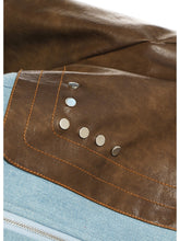 Load image into Gallery viewer, Loose Fit Leather Color-block Denim Blue Jacket New Stand Collar Long Sleeve Women Coat Fashion Spring Autumn
