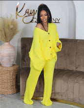 Load image into Gallery viewer, Solid color V-neck breasted cardigan wide leg pants sweater set