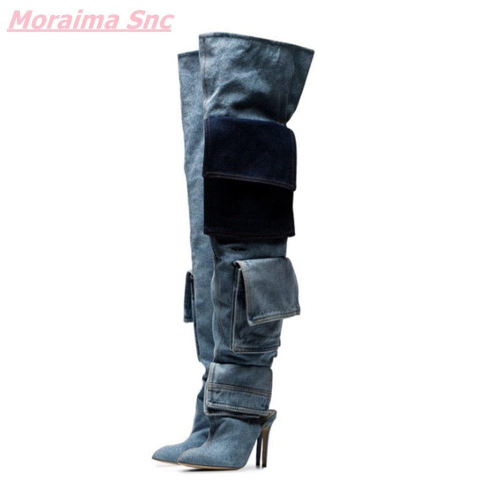 Trend4us Chic Patchwork Overlay Denim Boots