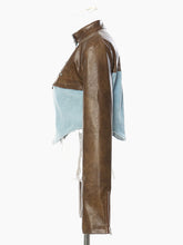 Load image into Gallery viewer, Loose Fit Leather Color-block Denim Blue Jacket New Stand Collar Long Sleeve Women Coat Fashion Spring Autumn