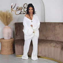 Load image into Gallery viewer, Solid color V-neck breasted cardigan wide leg pants sweater set