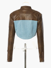 Load image into Gallery viewer, Loose Fit Leather Color-block Denim Blue Jacket New Stand Collar Long Sleeve Women Coat Fashion Spring Autumn