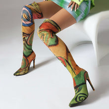 Load image into Gallery viewer, Processing time:3-7days after placing orders Plus Size Art Graffiti Over Knee Boots Pointed Toe Ultra-High Fine Heel Elastic Fabric Material Women's Long Boots Printed Boots