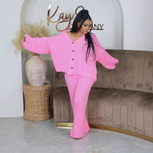 Load image into Gallery viewer, Solid color V-neck breasted cardigan wide leg pants sweater set