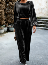 Load image into Gallery viewer, Women's Striped Velvet Long Sleeve Crop Top and Wide Leg Two-piece Set HWWX62YZAR