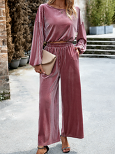 Load image into Gallery viewer, Women's Striped Velvet Long Sleeve Crop Top and Wide Leg Two-piece Set HWWX62YZAR