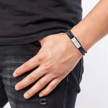 Load image into Gallery viewer, Engravable Sterling Silver Rectangle Black Leather Bracelet