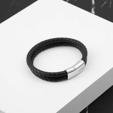Load image into Gallery viewer, Engravable Sterling Silver Rectangle Black Leather Bracelet