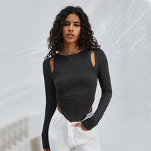 Load image into Gallery viewer, Hollow irregular round neck knitted long sleeved T-shirt fashion top
