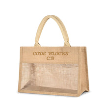 Load image into Gallery viewer, Embroidered Text Reusable Jute Burlap Tote Bag with Transparent PVC Film Window
