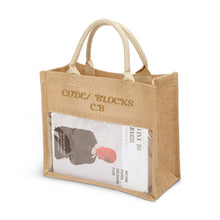 Load image into Gallery viewer, Embroidered Text Reusable Jute Burlap Tote Bag with Transparent PVC Film Window
