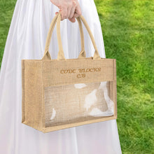 Load image into Gallery viewer, Embroidered Text Reusable Jute Burlap Tote Bag with Transparent PVC Film Window
