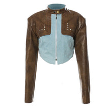 Load image into Gallery viewer, Loose Fit Leather Color-block Denim Blue Jacket New Stand Collar Long Sleeve Women Coat Fashion Spring Autumn
