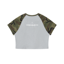 Load image into Gallery viewer, Women’s Camo Raglan Crop T-Shirt
