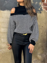 Load image into Gallery viewer, Women's Mock Neck Cold-Shoulder Knitted Sweater with Balloon Sleeves HEHB6ATFQ5
