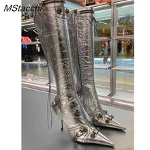Load image into Gallery viewer, New Metal Rivet Women High Knee Boots Pointed Toe Thin Heels Designer Shoes Party Tassels Zipper-Sid Long Botas De Mujer
