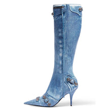 Load image into Gallery viewer, New Metal Rivet Women High Knee Boots Pointed Toe Thin Heels Designer Shoes Party Tassels Zipper-Sid Long Botas De Mujer
