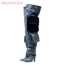Load image into Gallery viewer, Patchwork Denim Women's Boots Slip-On Pointed Toe Over-the-Knee Fashion Turned-over Edge Cool  Modern Boots
