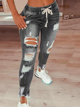 Load image into Gallery viewer, High-waisted ripped drawstring denim jeans HCZ7XKL8FK
