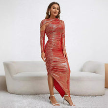 Load image into Gallery viewer, European and American style semi-open collar hollow long-sleeved dress with irregular slits and hip-hugging skirt
