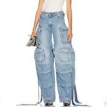 Load image into Gallery viewer, Heavy industry multi pocket denim pants with decorative straps and split back work pants
