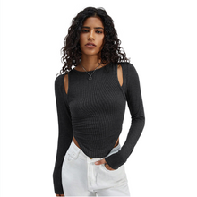Load image into Gallery viewer, Hollow irregular round neck knitted long sleeved T-shirt fashion top
