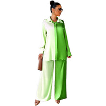 Load image into Gallery viewer, Elegant Satin Women's Matching 2 Piece Sets Casual Long Sleeve Panelled Shirt Pants Suit
