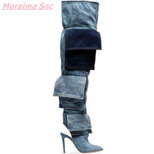 Load image into Gallery viewer, Patchwork Denim Women's Boots Slip-On Pointed Toe Over-the-Knee Fashion Turned-over Edge Cool  Modern Boots
