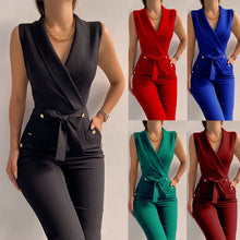 Load image into Gallery viewer, Button up V-neck sleeveless slim fit jumpsuit
