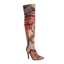 Load image into Gallery viewer, Processing time:3-7days after placing orders  Plus Size Art Graffiti Over Knee Boots Pointed Toe Ultra-High Fine Heel Elastic Fabric Material Women's Long Boots Printed Boots
