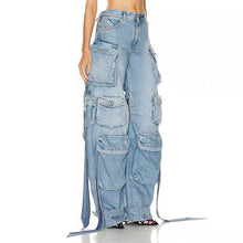Load image into Gallery viewer, Heavy industry multi pocket denim pants with decorative straps and split back work pants
