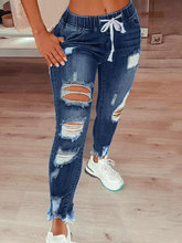 Load image into Gallery viewer, High-waisted ripped drawstring denim jeans HCZ7XKL8FK
