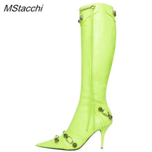 Load image into Gallery viewer, New Metal Rivet Women High Knee Boots Pointed Toe Thin Heels Designer Shoes Party Tassels Zipper-Sid Long Botas De Mujer
