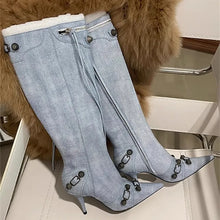 Load image into Gallery viewer, New Metal Rivet Women High Knee Boots Pointed Toe Thin Heels Designer Shoes Party Tassels Zipper-Sid Long Botas De Mujer
