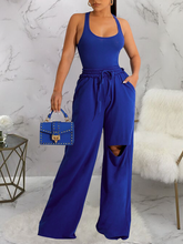 Load image into Gallery viewer, Scoop Neck Racerback Bodysuit and Distressed Wide Leg Pant. 2pc set HWF57Y2SD3
