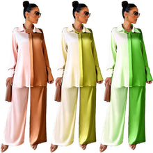 Load image into Gallery viewer, Elegant Satin Women's Matching 2 Piece Sets Casual Long Sleeve Panelled Shirt Pants Suit
