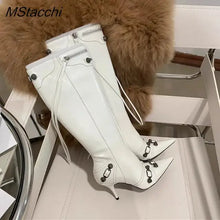 Load image into Gallery viewer, New Metal Rivet Women High Knee Boots Pointed Toe Thin Heels Designer Shoes Party Tassels Zipper-Sid Long Botas De Mujer

