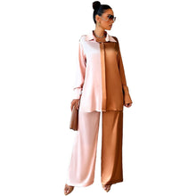 Load image into Gallery viewer, Elegant Satin Women's Matching 2 Piece Sets Casual Long Sleeve Panelled Shirt Pants Suit
