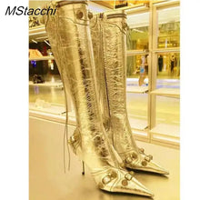 Load image into Gallery viewer, New Metal Rivet Women High Knee Boots Pointed Toe Thin Heels Designer Shoes Party Tassels Zipper-Sid Long Botas De Mujer
