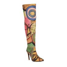 Load image into Gallery viewer, Processing time:3-7days after placing orders  Plus Size Art Graffiti Over Knee Boots Pointed Toe Ultra-High Fine Heel Elastic Fabric Material Women's Long Boots Printed Boots
