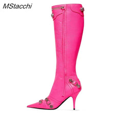 Load image into Gallery viewer, New Metal Rivet Women High Knee Boots Pointed Toe Thin Heels Designer Shoes Party Tassels Zipper-Sid Long Botas De Mujer
